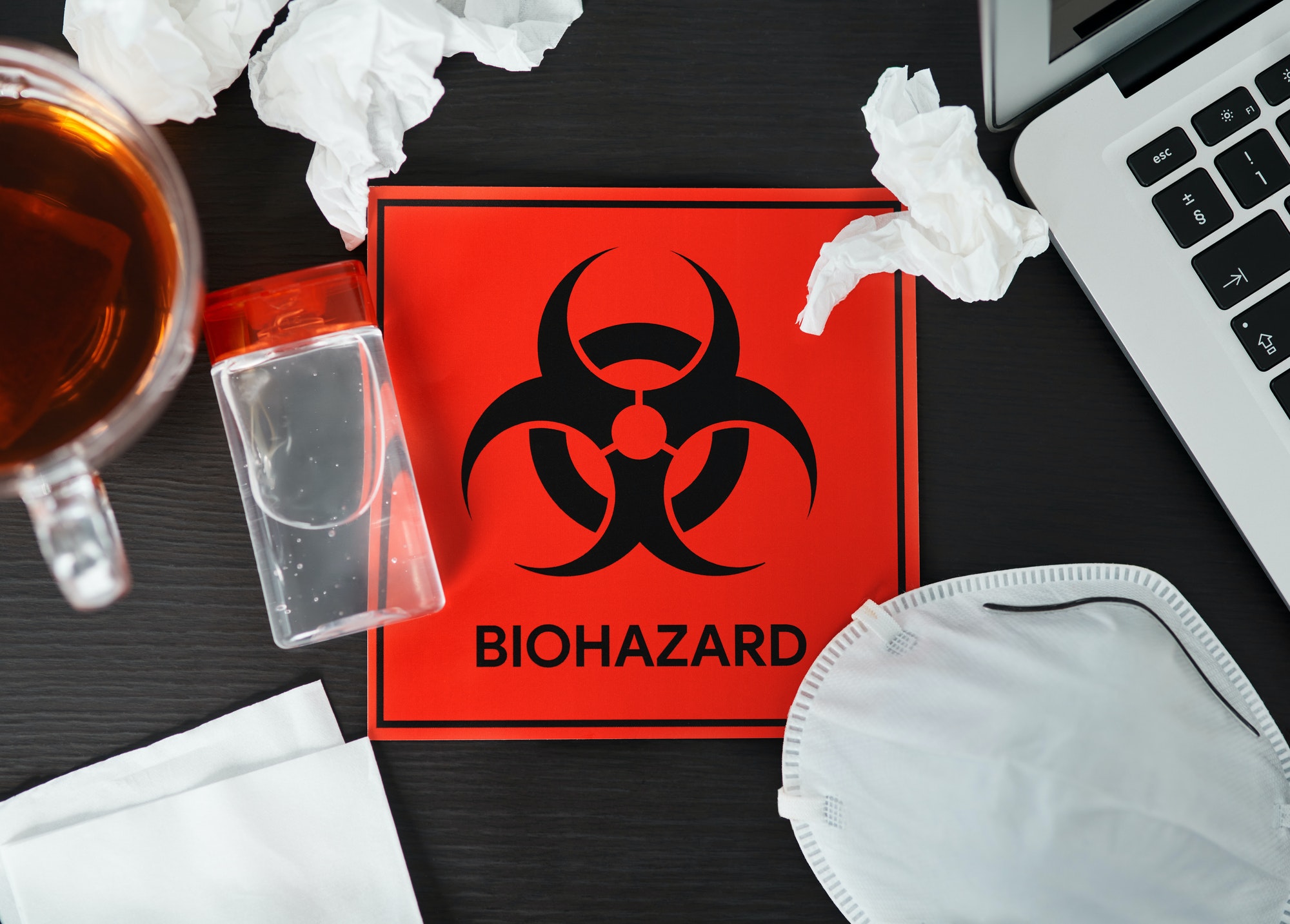 Shot of a biohazard sign on a workstation